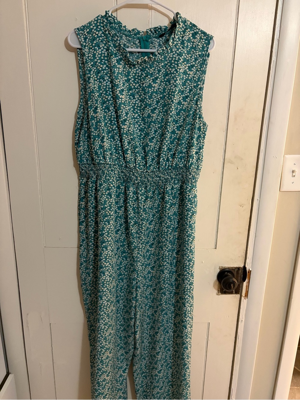 Bloomchic Teal and White Ditsy Floral Cropped Jumpsuit